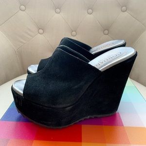 Cordani Italian Black Suede Platform Wedge Sandals